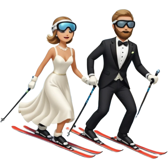 a couple skiing they both have ski helmets and goggles on , man with a beard in a tux and woman in a wedding dress on their skiis going down a slope.  emoji