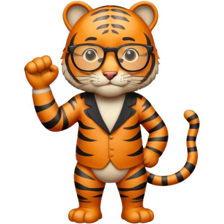 un tigre con gafas parado en dos patas con la mano en la derecha haciendo firme emoji