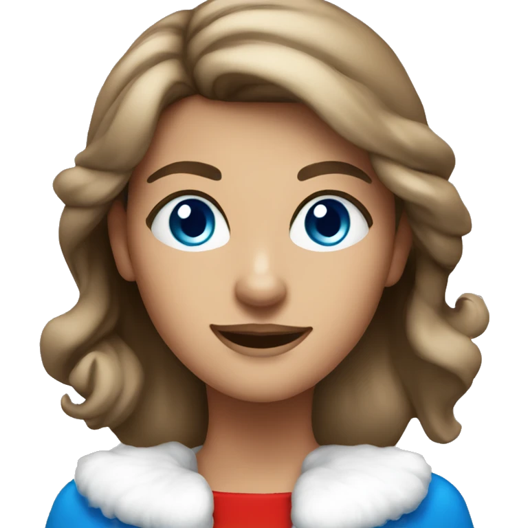 Light brunette woman in santa costume with blue eyes and tanned emoji
