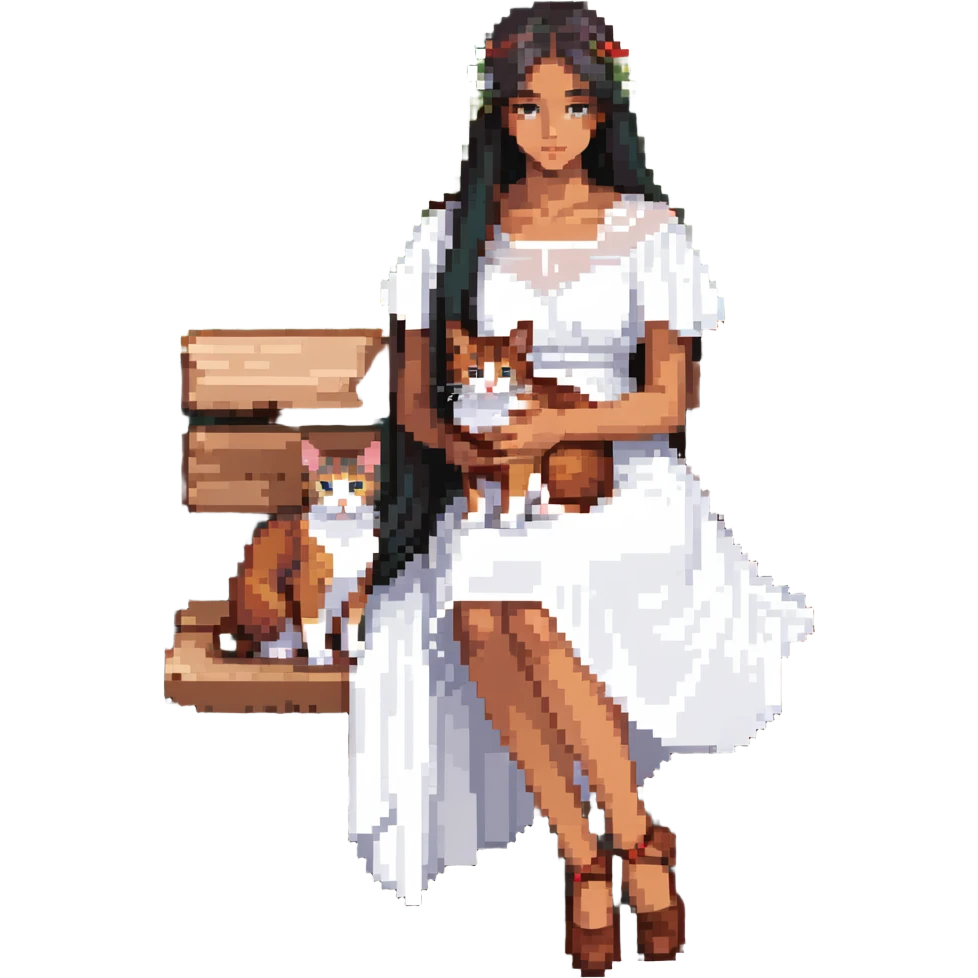 beautiful girl with long black hair in a white dress holding an Abyssinian cat with reddish-brown fur, sitting on a bench emoji