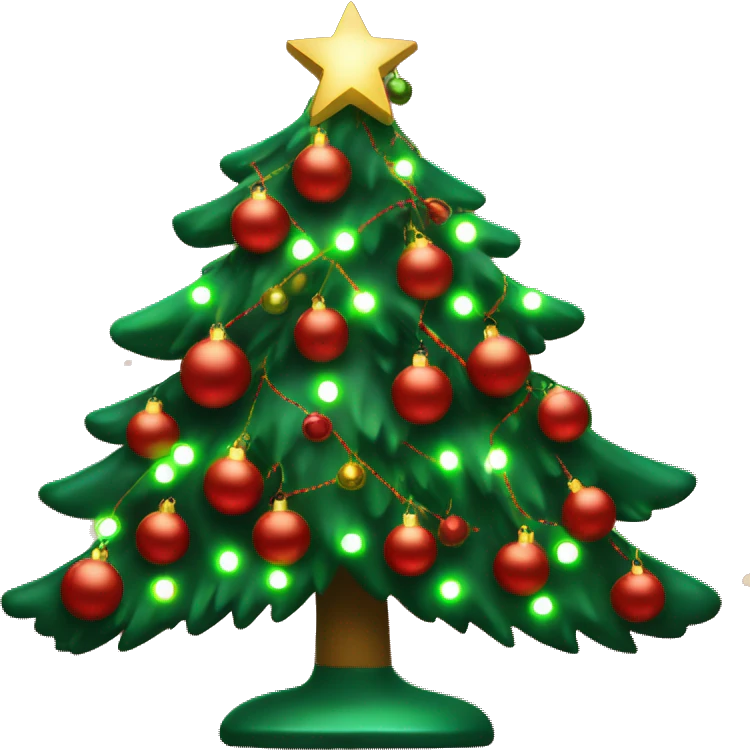 Decorated Christmas tree, red and green ornaments, glowing lights, festive look emoji