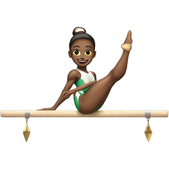 gymnast on beam doing splits while holding a trophy emoji