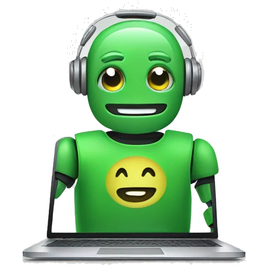 happy robot in laptop wearing green t-shirt emoji