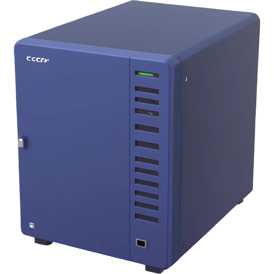 A 19-inch telecommunications server in a 3D style, using a color palette of three colors (5EC6F1/F9DCAF/353946) emoji