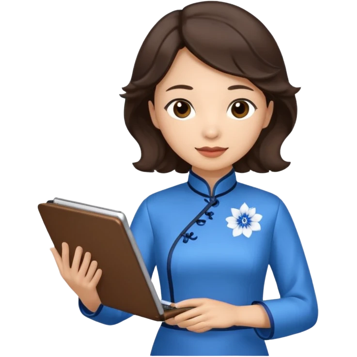 Teacher emoji but : wavy dark brown hair, light skin, no glasses, dark eyes, with a computer folder in the hand, being a teacher, wearing a chinese qipao (brown & blue) 

 emoji