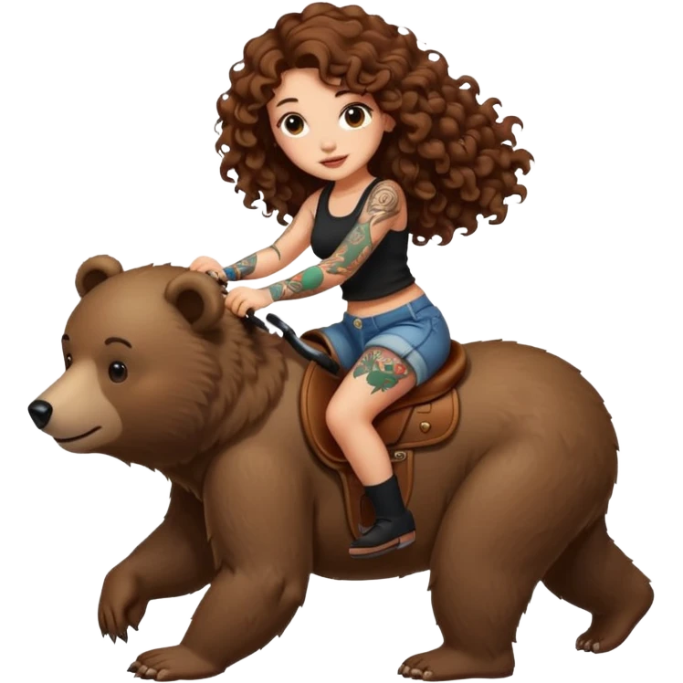 cute woman long curly brown hair tattoos riding bear emoji