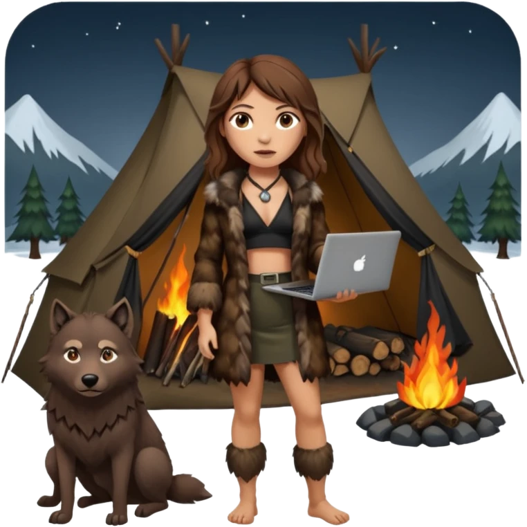 a NEANDERTHAL WOMAN WITH BROWN HAIR STANDING BY A FIRE AND TENT WITH BLACK WOLF HALTER TOP AND A LAPTOP AND FUR COAT emoji