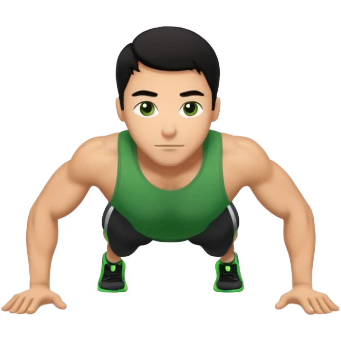 Man with black hair, green eyes doing push ups emoji