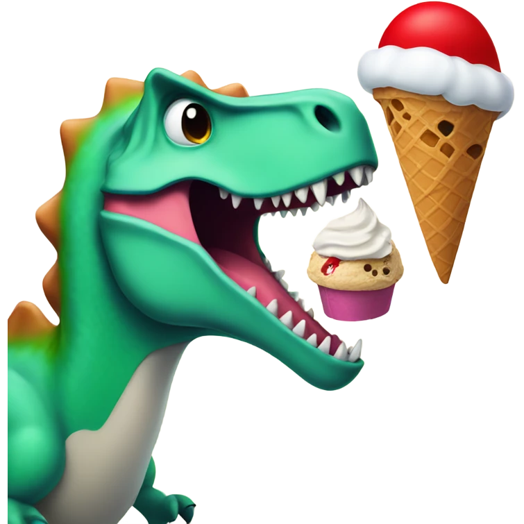 Dinosaur with Santa hat eating ice cream emoji