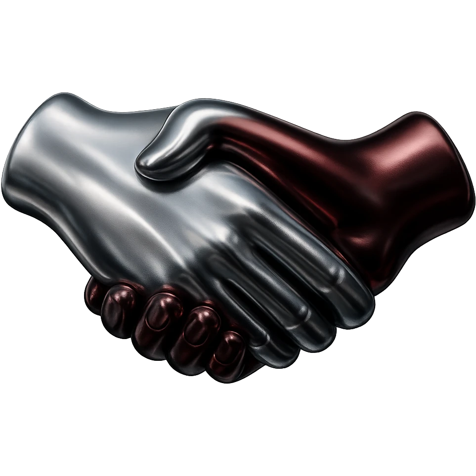 Edit the handshake pose image to have one hand in chrome silver and the other hand in chrome dark red, maintaining the handshake pose exactly as is, with no background. emoji