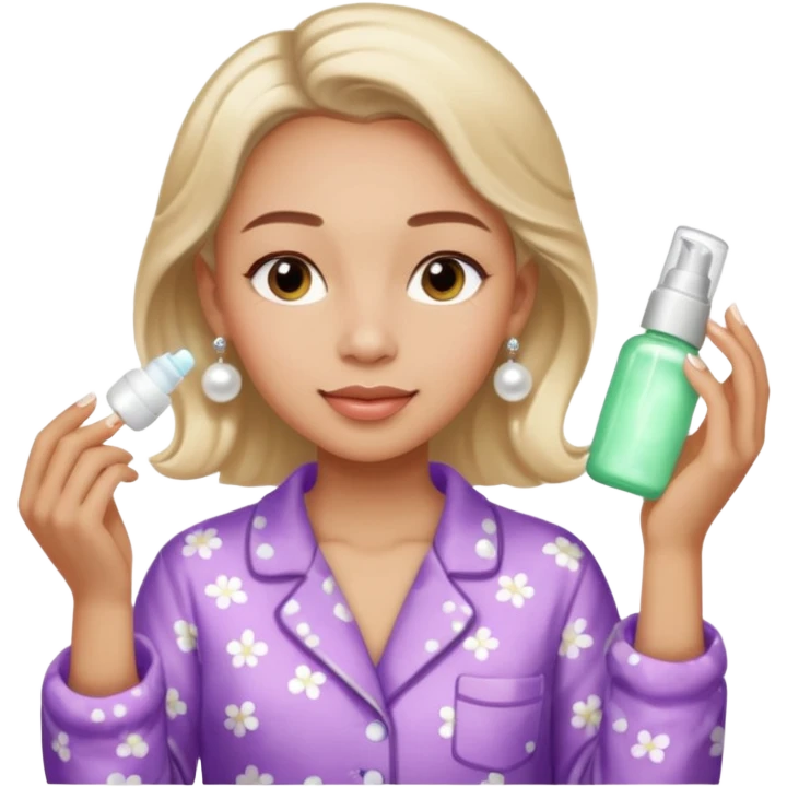 Clean girl aesthetic emoticons, apply skincare products, pearl earrings, glowing skin, pajamas, soft lighting emoji