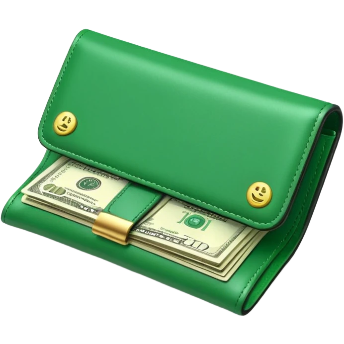 Rich emoji style green leather wallet with dollar bills, luxury money vibe, premium 3D emoji, ultra clean, high detail, no background emoji