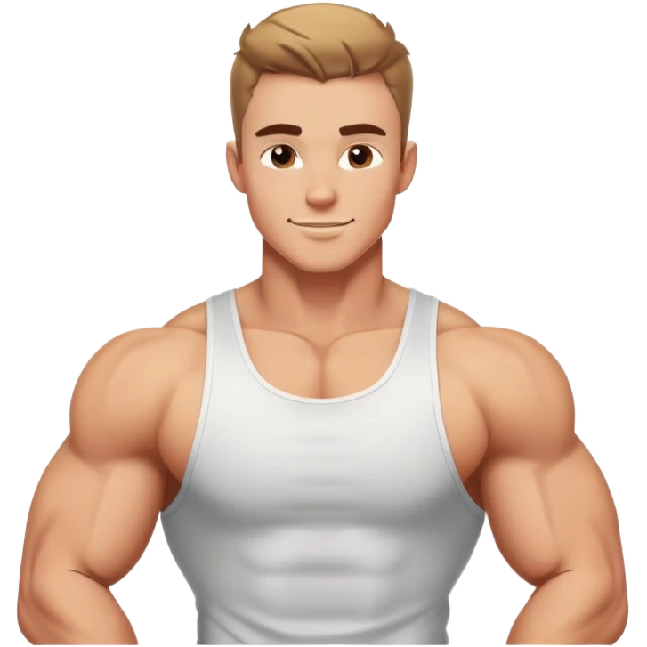 Handsome muscular boyfriend with defined abs, wearing a tank top, strong jawline, charming smirk, flexing arm, sun-kissed skin, emoji