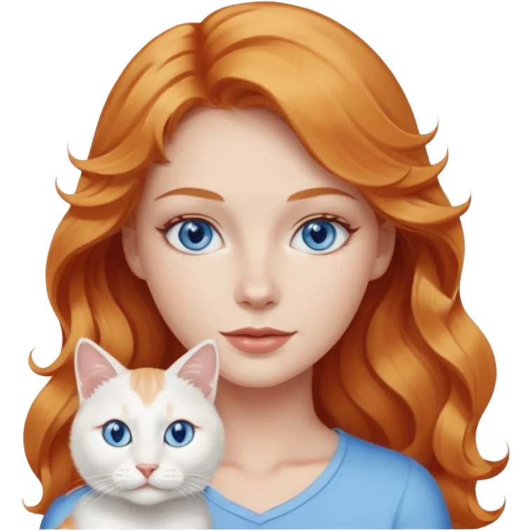 Long wavy strawberry blonde blue eyes woman with a white cat with blue eyes emoji