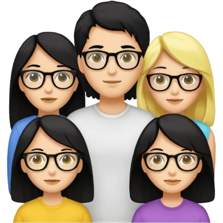 4 persons， 2 female， 2 male, 2male in the middle and 2 female in the side, one female wearing glasses and is black hair, yellow skin, both female are long hair emoji