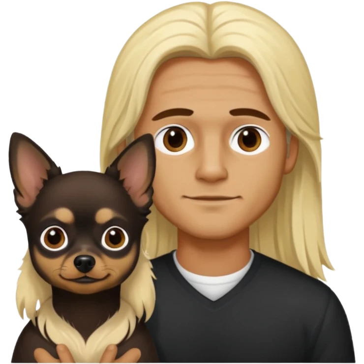Hombre con pelo largo rubio su pareja chica de pelo castaño oscuro y un chihuahua negro emoji