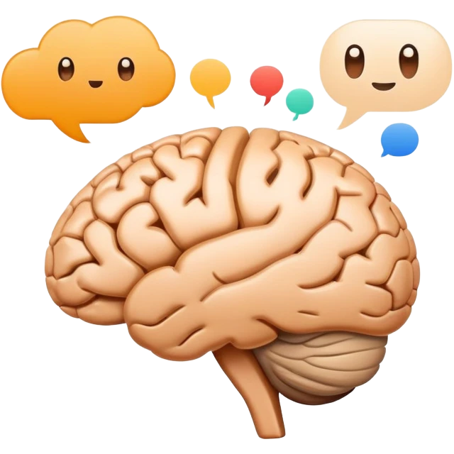 Natural Language Processing, brain with text analysis, speech bubbles with data parsing emoji