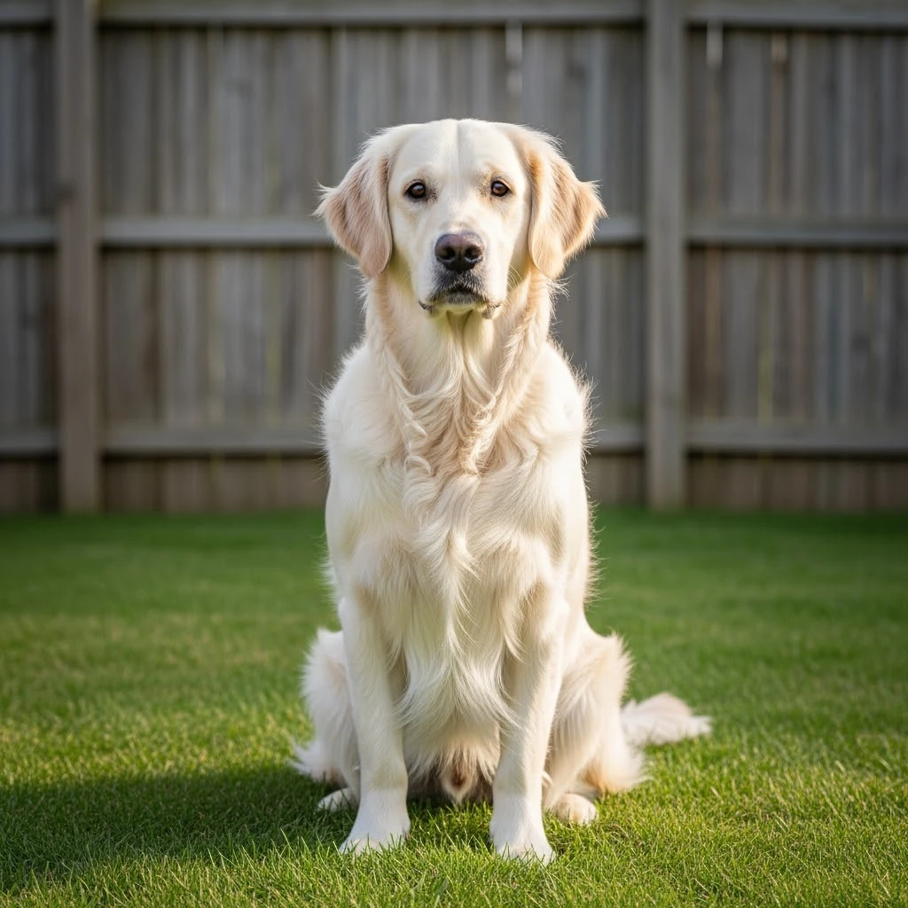 adult english cream golden retriever sitting on grass, facing camera, fence in the background emoji