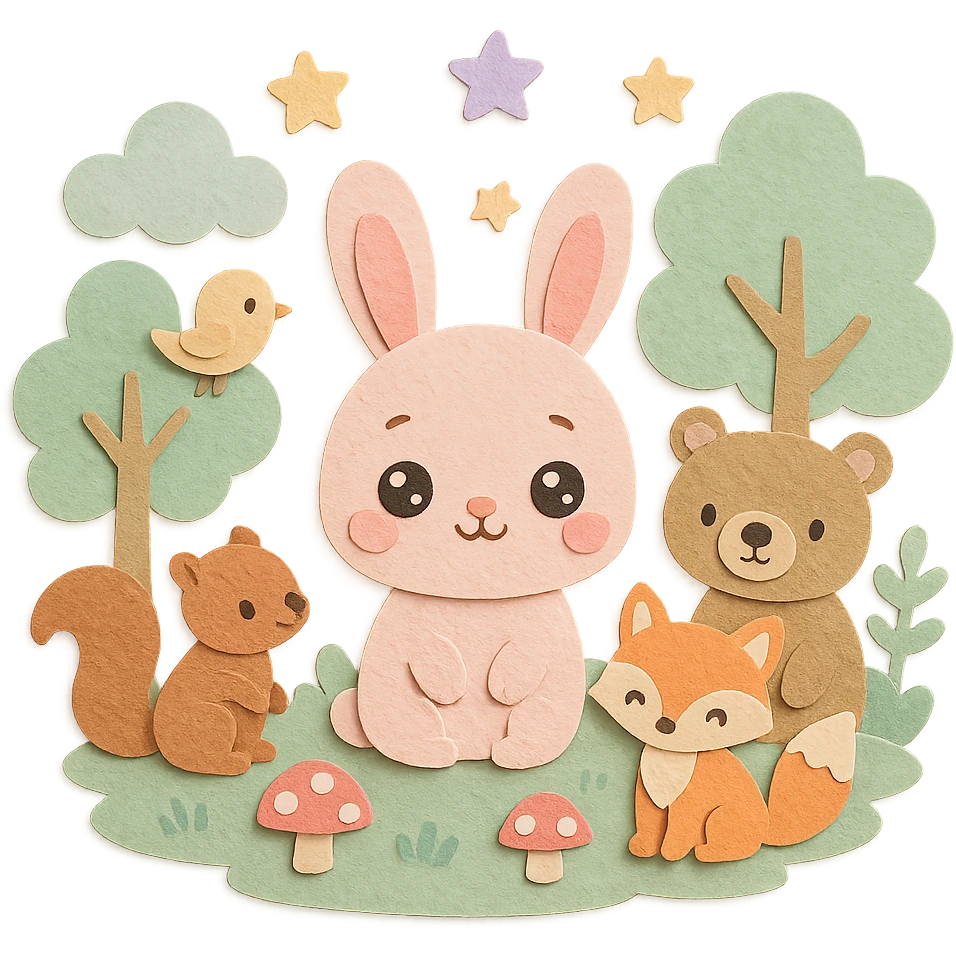 soft kawaii forest scene with fluffy pastel bunny (round baby face, big sparkling eyes, pink blush), surrounded by cute squirrel, bear, fox, and bird, in a soft pastel green forest with soft clouds, dreamy pastel stars, mushrooms, hand-crafted paper texture, soft pastel tones, high resolution emoji