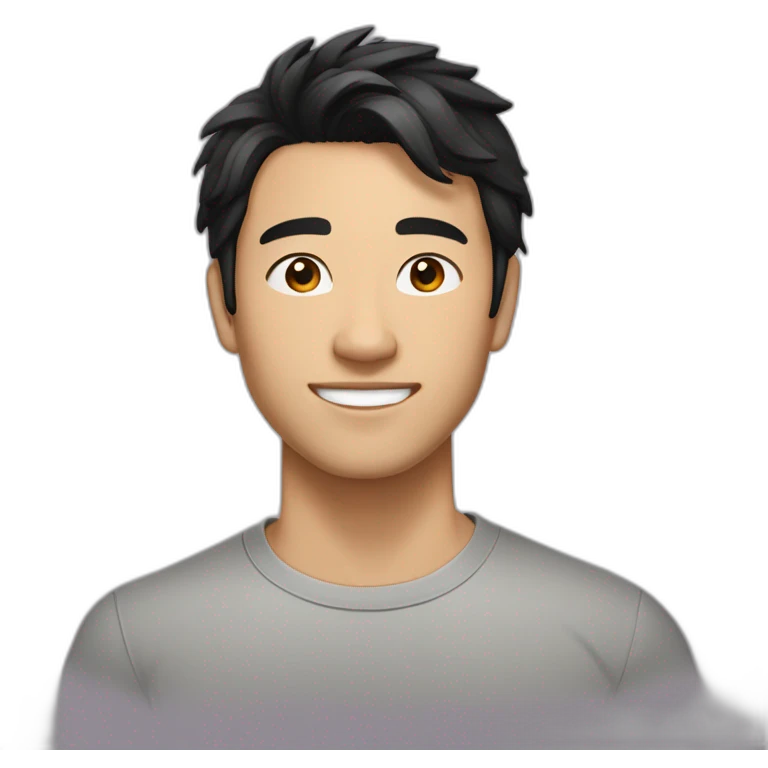 guy, black hair, medium length hair, in his 20s, very asian, smiling, t-shirt only, slight brown skin, dark brown eyes, slighty wavy hair emoji