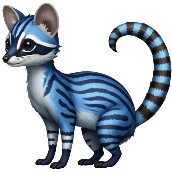 Feral Rare Fantasy iridescent scaly  shaded detailed deep-dark-cobalt-blue-gradients-colored colorful Genet-Trico-Civet-Cacomistle-Margay-species by LiLaiRa,, with white stripes with dark-blackish points, white belly, random markings, tufted tail, tufted ears, full body emoji