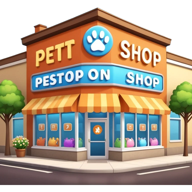 Modern building of a pet shop with a big glowing sign that says PETSHOP on the front. Colorful storefront, large windows showing pet products inside, cute animal illustrations on the walls, warm and friendly atmosphere, daytime, high-quality detailed render emoji