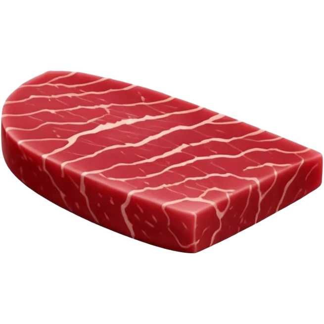 single thick tuna steak, deep ruby-red color, clean-cut edges, fine muscle grain, smooth moist surface, slightly triangular or oval shape, compact sashimi-like texture, no plate, no garnish, no extras, soft lighting, subtle shadows, emoji scale emoji