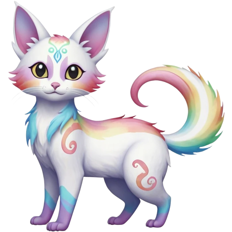 Jumping-Pure-snow-White albino iridescent with pastel rainbow-gradients-color-markings with swirly patterns butterflies  faerie-Noivern-Noibat-Purloin-Torracat-Lykoi-Caracal-cat-Fakemon-fusion-hybrid-creature- emoji