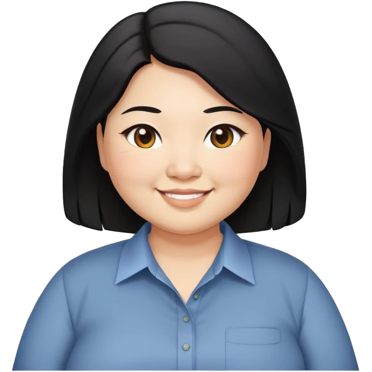 obesity Asian woman with shoulder length black long hair smiling business casual shirt upper body shot emoji