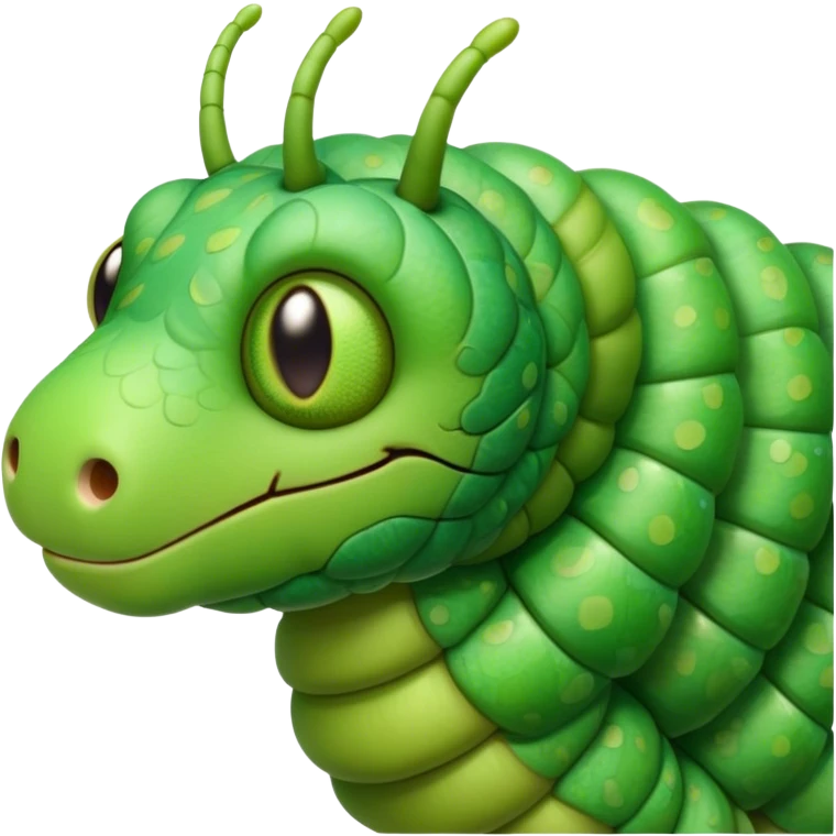 Cinematic Realistic Noble Caterpillar Portrait Emoji, Poised and serene, with a slender, segmented body covered in vivid, detailed green scales accented by subtle natural patterns, and a tiny, focused face with delicate, inquisitive eyes, rendered with lifelike texture and soft natural lighting, high shine, intelligent and delicate, styled with an air of woodland elegance, focused and attentive, soft glowing outline, capturing the essence of a watchful and confident looper caterpillar that appears ready to inch gracefully out of the screen with natural authority! emoji