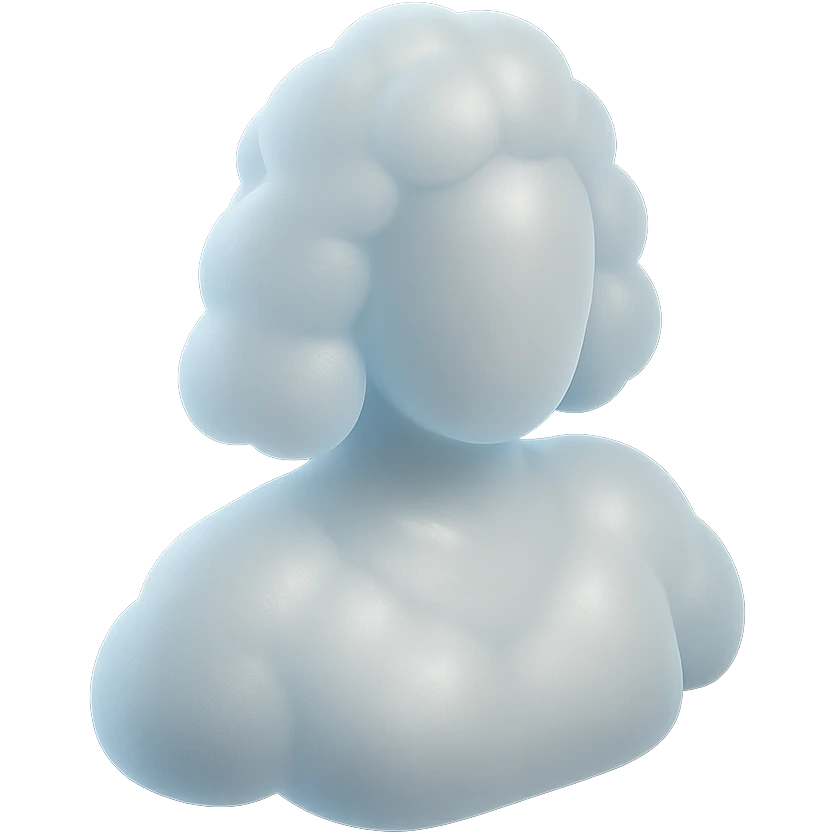 person made entirely of white fluffy convex clouds, shoulder length, front view, matte glass style emoji