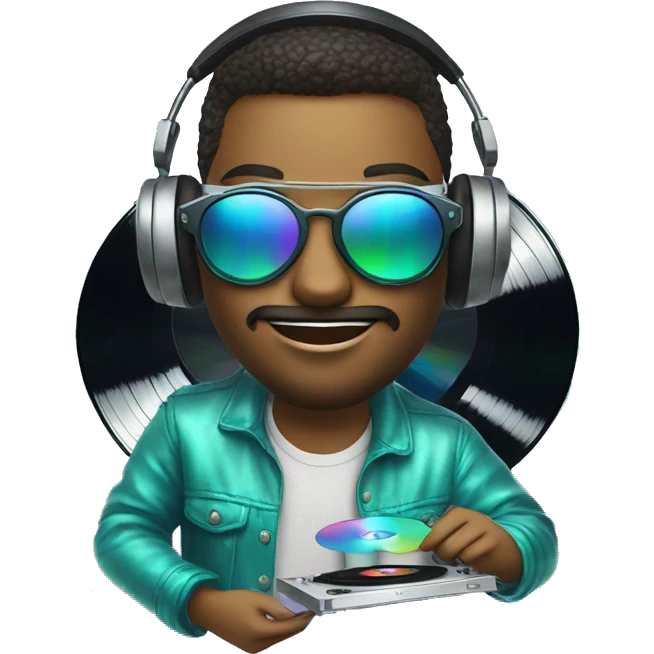 A dj wearing sunglasses playing music holding a cd record record, vinyl, oilslick holographic emoji
