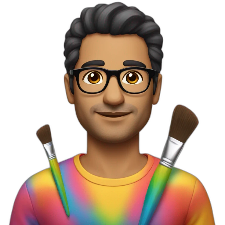 latino man glasses without moustache with rainbow clothes and flowers on face and paintbrush emoji