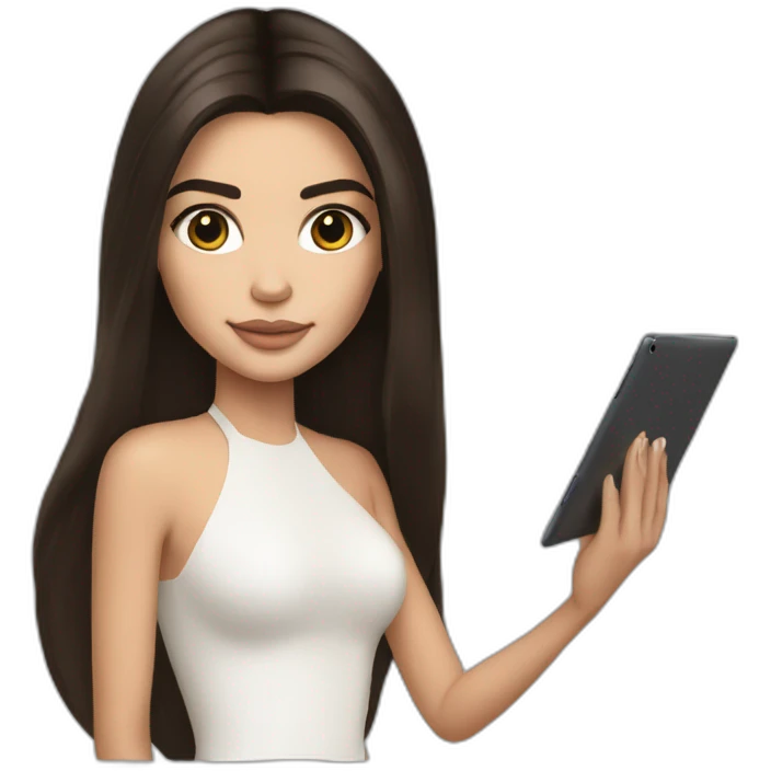 brunette Kendall Jenner with long hair holding iPad emoji