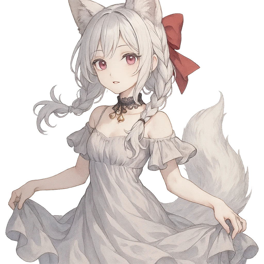 A fox spirit girl with pink eyes, pale skin, silver white hair in two braids and loose strands, large red ribbon bow at the back, flowy dress, and lace choker with bells. emoji