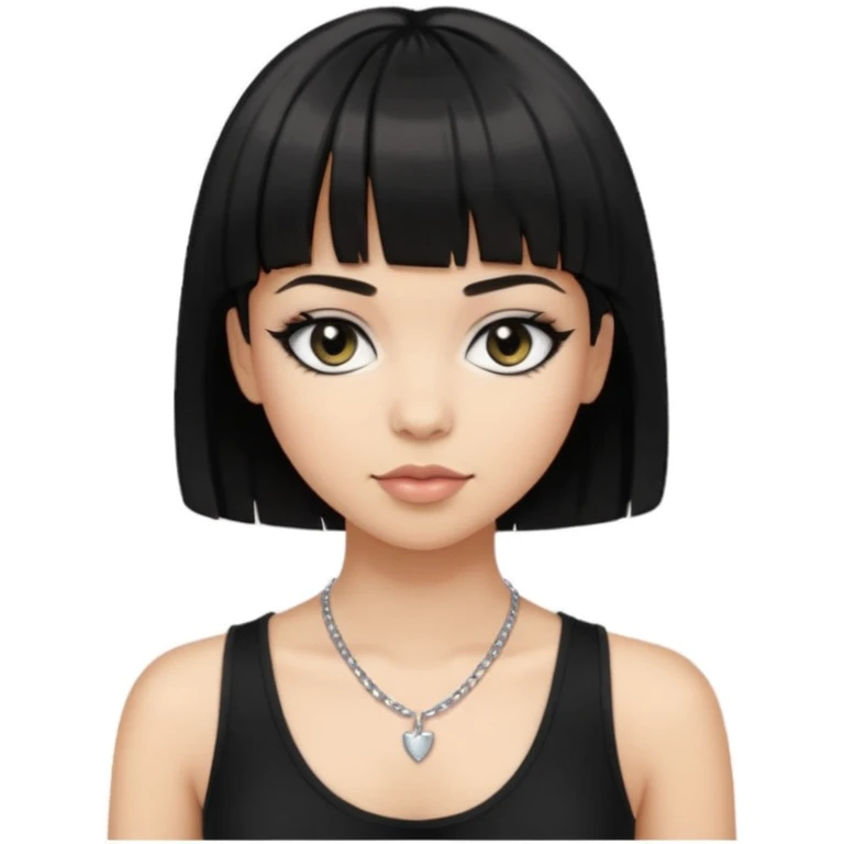Make an emoji that is a bit fat but also a bit skinny at the same time, has black short hair with bangs, has eye liner and mascara on, has a black tanktop on, and has a necklace on  emoji