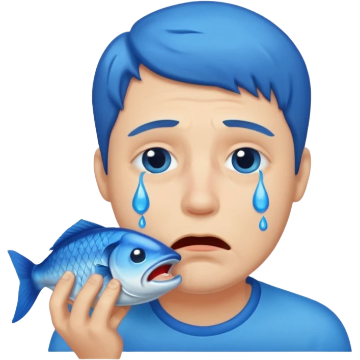 Man crying eating fish. make tears blue color emoji