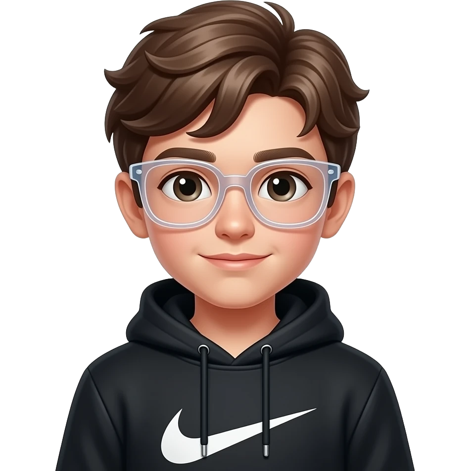Crea un ragazzo che indossa gli occhiali finti trasparenti,ha i capelli leggermente mossi e con una felpa nike nera emoji