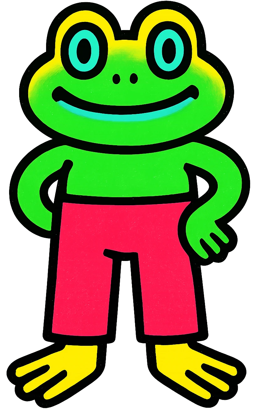 a green frog in red trousers, standing upright, fun and friendly emoji