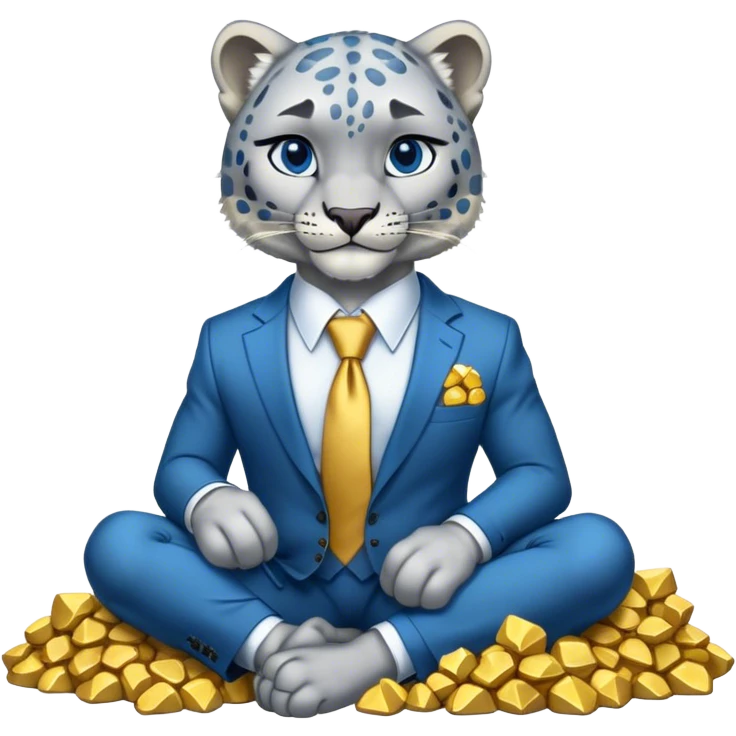 muscular snow leopard in suit with blue tie sitting on pile of gold nuggets emoji