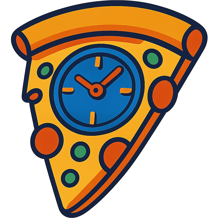 a pizza slice with a clock face, playful and bold emoji