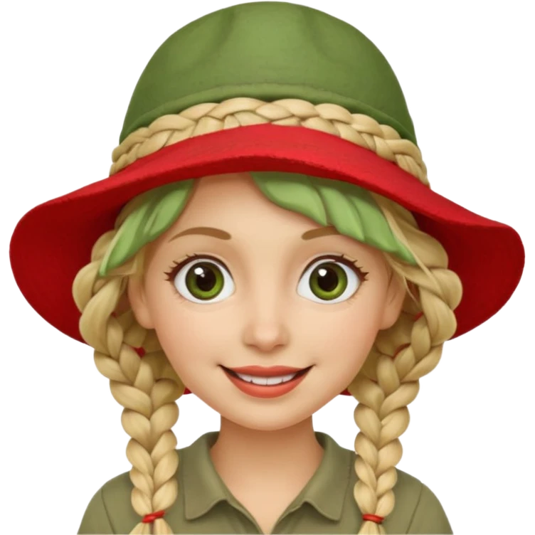 messy green clay mask and red tourist hat blond braided woman big eyes smiling emoji