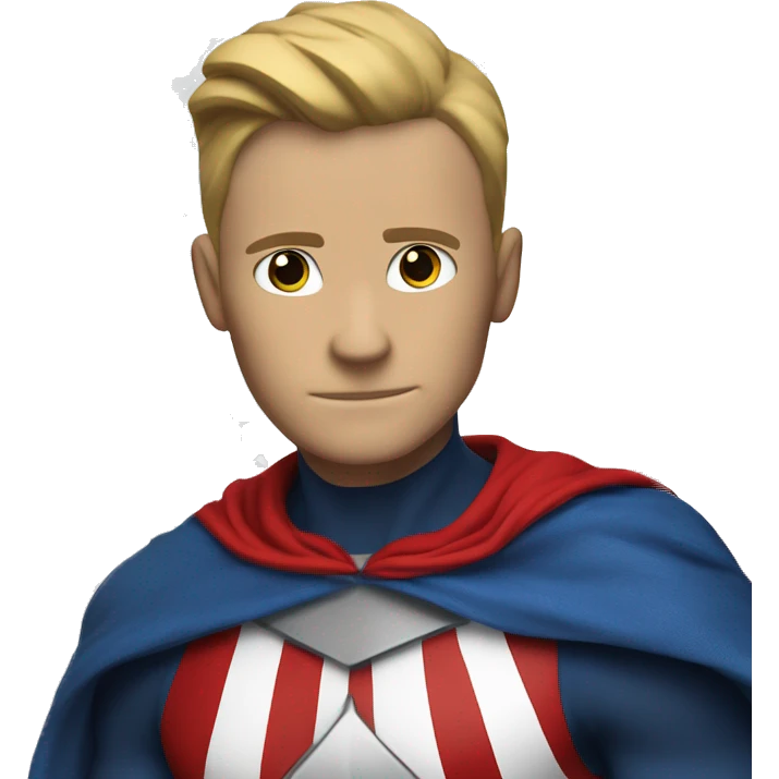 Emoji of Homelander from ‘The Boys’ series. USA flag-inspired costume with cape (red, blue, white). Confident, slightly menacing expression. emoji