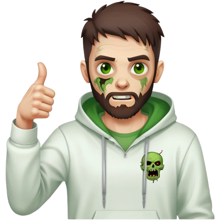 zombie with thumbs up gesture, undercut hairstyle with dark brown hair, short full beard, green eyes, wearing plain white hoodie emoji