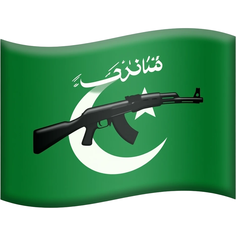 A green flag with rifle gun and moon and star and something written in Arabic emoji