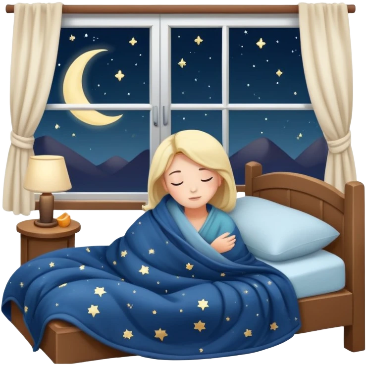 person going to bed on time, cozy blanket, night sky outside window, peaceful and friendly emoji