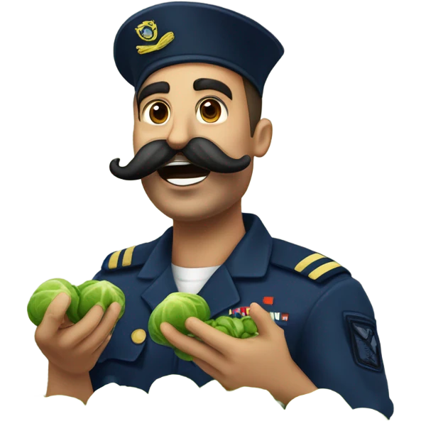 Navy guy with moustache being goofy with Brussels sprouts  emoji