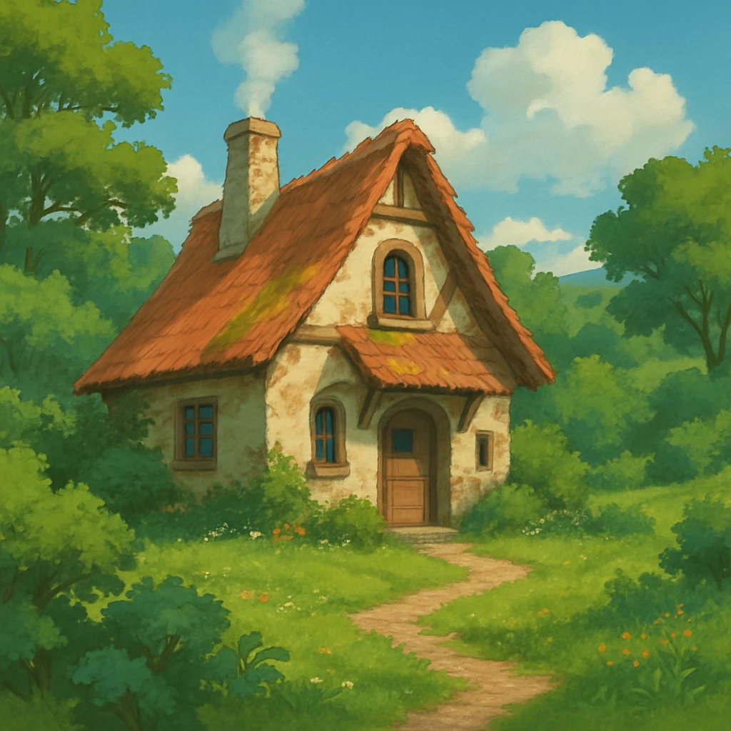 cozy cottage in a lush landscape, ghibli style emoji