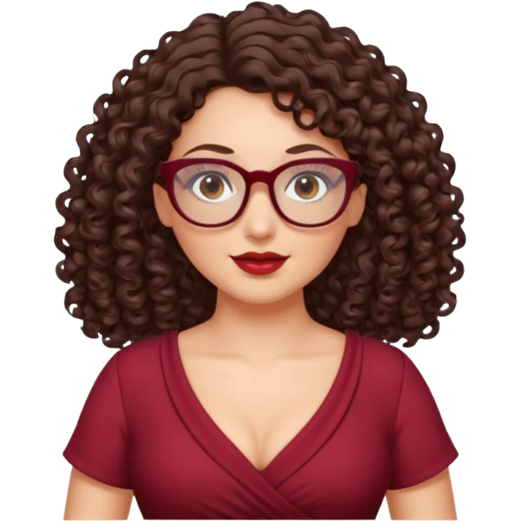 brunette , curly long hair , gray eyes , dark red glasses , curvy emoji