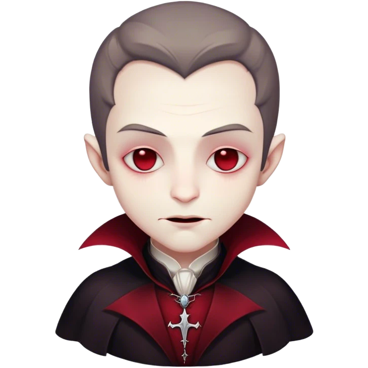 Meme-Worthy Cute Sleeping Vampire Portrait Emoji, with a refined, small, pale face softened by closed, serene eyes and a slight, peaceful smile, adorned in miniature elegant dark attire with a hint of fading crimson, simplified yet irresistibly adorable, highly detailed with a soft ethereal outline that captures the drowsy charm of a vampire in quiet nighttime slumber! emoji